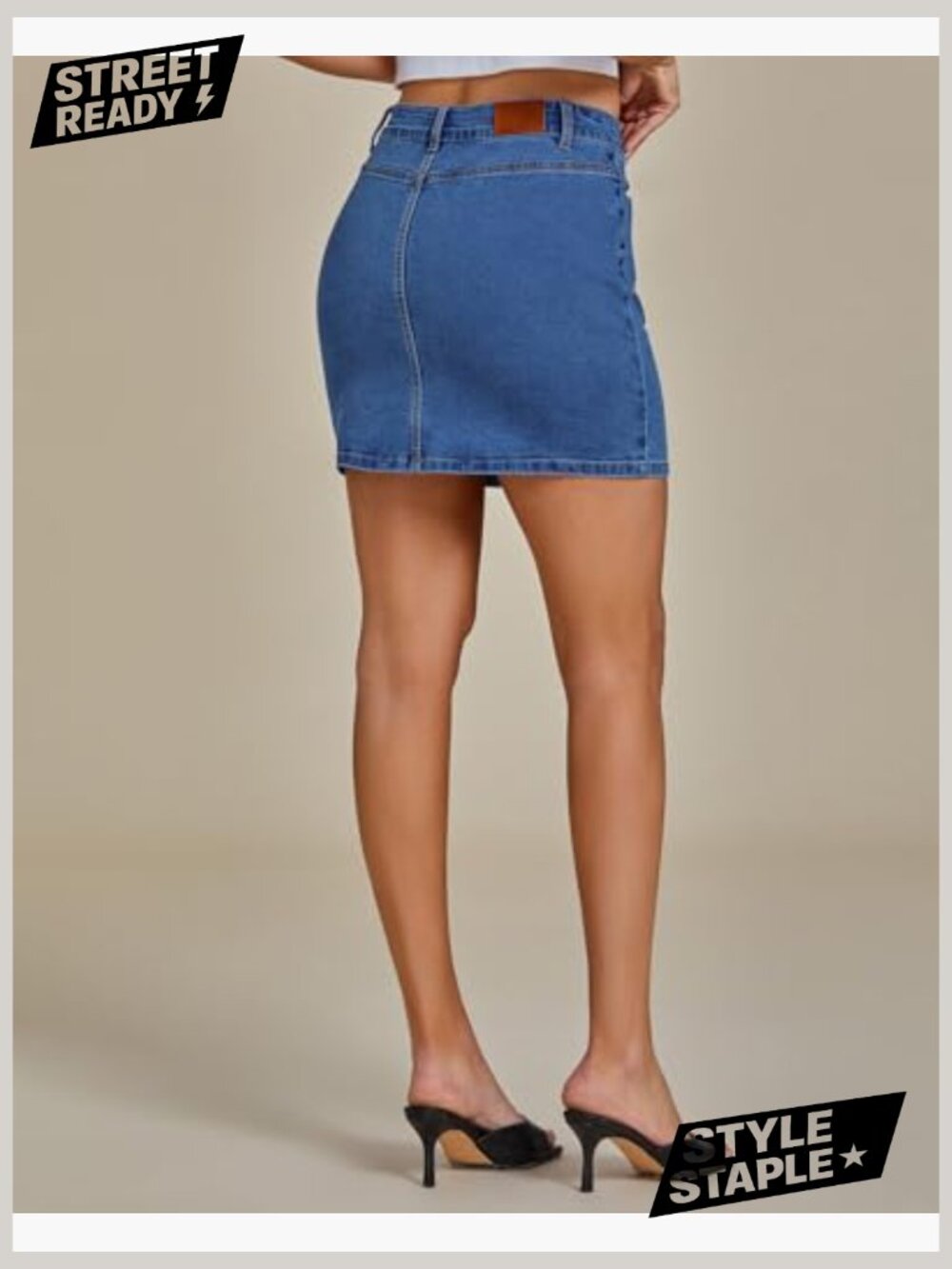 High Waisted Denim Mini Skirt Stretchy Pencil Fit Button Front Pockets - Picture 3 of 7